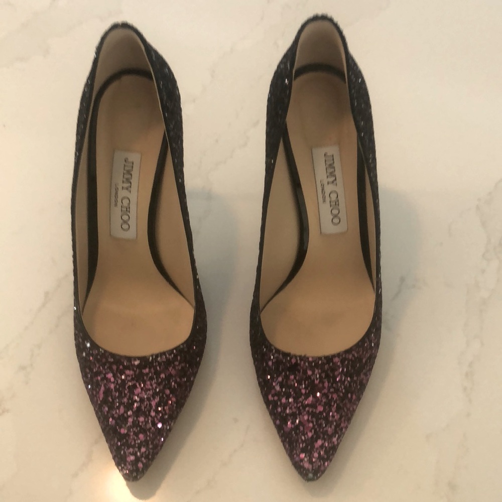 Jimmy Choo Black and Pink Glitter Pump, Romy 100. Size 38.5